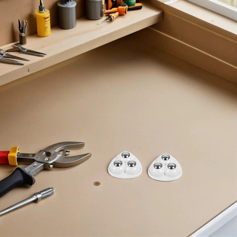 Heavy Duty Triple Ball Swivel Casters With Grippy Adhesive Mounts on a workbench with tools for quick no drill install.