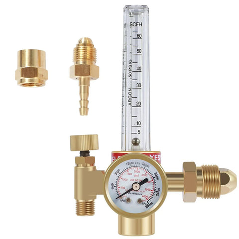 Front view of brass gas regulator with flow meter and gauge for argon/helium/nitrogen, 0–4000 psi, 10–60 CFH