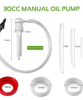 30cc Manual Oil Pump components including pump, tubes, and cap adapters for fluid transfer, perfect for various containers.