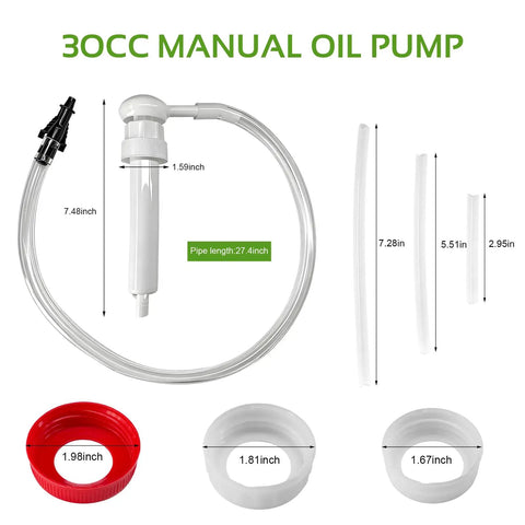 30cc Manual Oil Pump components including pump, tubes, and cap adapters for fluid transfer, perfect for various containers.