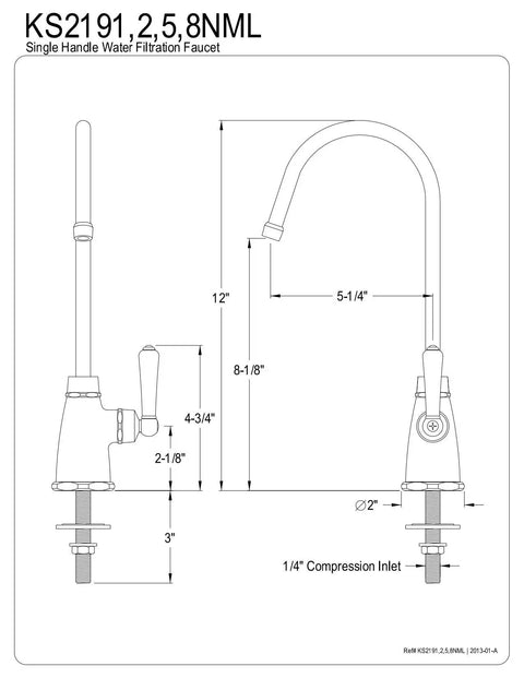 Technical drawing of Magellan Cold Water Filtration Faucet in Polished Brass, 12 in spout height, and 5.25 in spout reach.