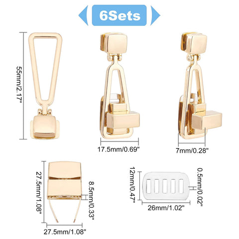 Front view: six PandaHall gold-tone turn-lock clasps for purses, 2.1-inch alloy triangle flip locks with shims