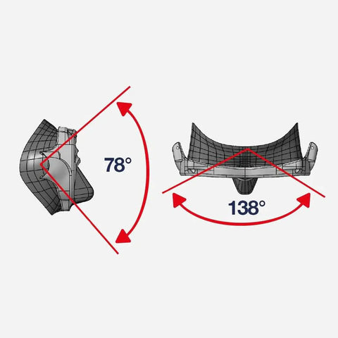 Diagram showing Sphera X Freediving Mask with 78° side view and 138° front view, highlighting lens curvature for wide-angle vision.