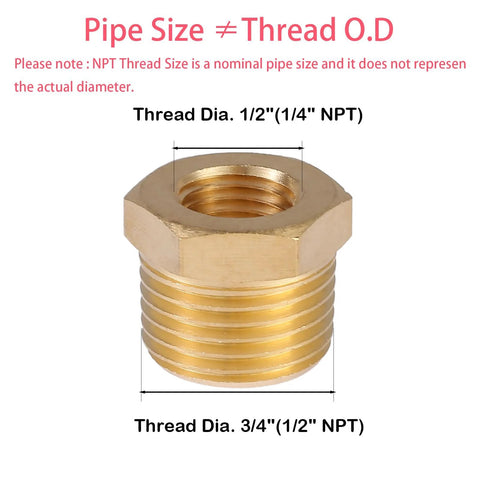 Brass NPT reducer hex bushing, 1/2 in male x 1/4 in female, two-pack