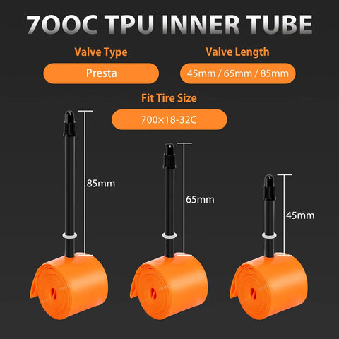Visualization of 700C TPU inner tube sizes with 65mm Presta valve, featuring two pack ultralight TPU bike inner tubes 700C 18 32C fits road and gravel bikes with 65mm Presta valves include patch kit orange featherweight at about thirty five grams for ride ready for tough gravel and road rides, in orange color.