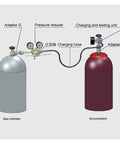 Diagram of Portable Hydraulic Nitrogen Accumulator Charging Pressure Gauge Tool For Excavators with adapters and hoses labeled.