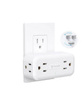 Super Sleek 4 Outlet Surge Protector With 360 Rotating Head And Space Saving Design White Power Strip Extender attached to wall outlet.