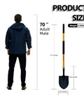 Comparison of Heavy Duty 57 Inch Digging Shovel With Fiberglass Handle And Round Steel Head with a 70-inch adult male for size reference