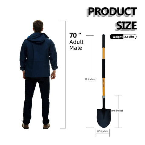 Comparison of Heavy Duty 57 Inch Digging Shovel With Fiberglass Handle And Round Steel Head with a 70-inch adult male for size reference