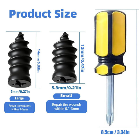Vacuum Tire Repair Kit With 30 Pieces Spiral Rubber Nails Box And Screwdriver Included Easy Self Repair For Cars Motorcycles Trucks And Tractors DIY Patch Up Fast, showing nail sizes and screwdriver dimensions.