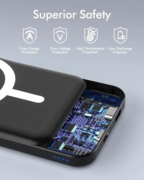 Close-up of Ultra Slim Magnetic Power Bank With MagSafe 5000Mah showing internal circuit design for safety features.