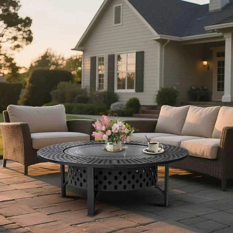 47 Inch Round Fire Pit With Two Grills, Lid And Tabletop on patio with outdoor seating in backyard setting