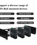 2U 19 Inch Din Rail Chassis Bracket Depth Adjustable Rackmount Kit in Aluminum mounted with Ethernet switches and converters