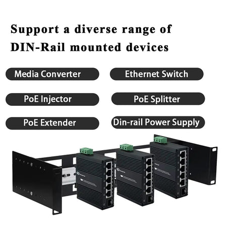 2U 19 Inch Din Rail Chassis Bracket Depth Adjustable Rackmount Kit in Aluminum mounted with Ethernet switches and converters