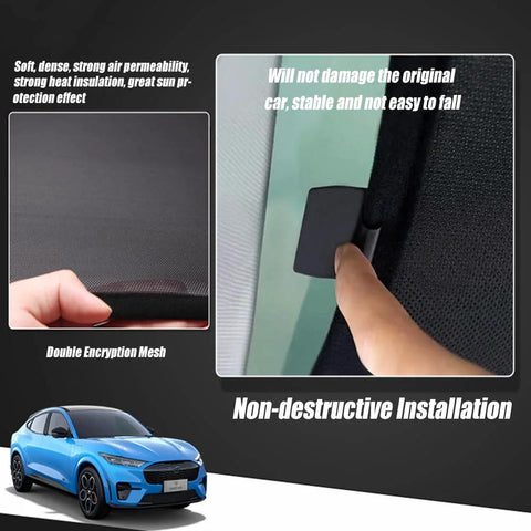 Blazeray sunshade for Ford Mustang Mach-E, black foldable glass roof shade with UV-blocking mesh, close-up view