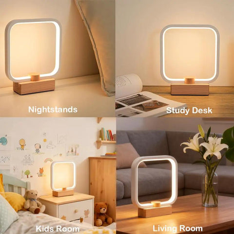Wood Table Lamp With 3 Color Temperatures Dimmable LED Lighting on nightstands, study desk, kids room, living room.
