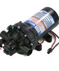 Heavy Duty 12 Volt Diaphragm Water Pump Brings Sweet 5.5 GPM Flow At 60 PSI Pressure, compact design, cable connections visible.