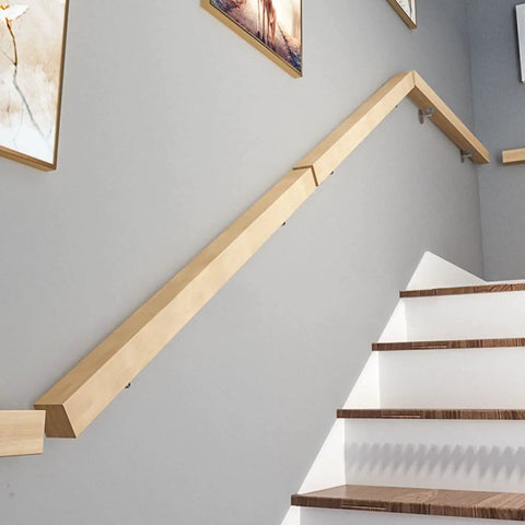 Quality Natural Wood Staircase Handrail Featuring Hella Secure Non Slip Grip Heavy Duty Wall Mount Railing Built For Indoor Outdoor Deck And Garden Quick Diy Install Kit on staircase wall.