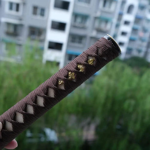 Katana Tsuka Handle For Japanese Sword With 10.2 Inches Alloy Copper Iron Fittings And Genuine Samegawa Ray Skin Wrapping, close-up