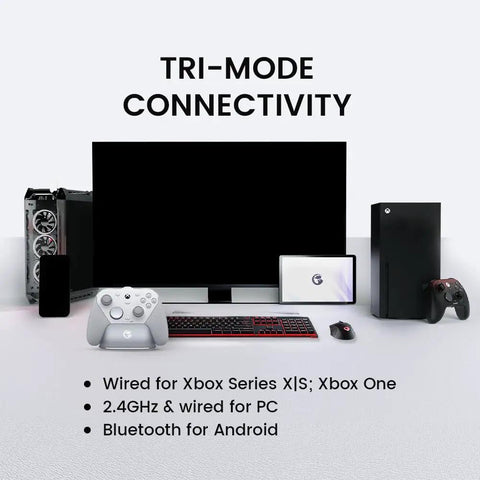 Setup displaying Wired And Wireless Xbox Controller For Series X S PC And Android with Tri Mode Connectivity and accessories in white.