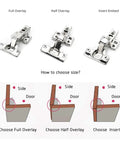 Hydraulic Soft Close Cabinet Door Hinges, 4 Piece Set, Stainless Steel, showing full overlay, half overlay, and insert embed types