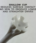 Close-up of 6-pronged head of Three And A Quarter Inch My Hite FLYtee Golf Tees, showing shallow cup design and white material.