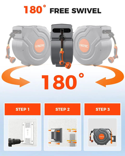 Diagram showing the 180-degree swivel feature of Beefed Up Heavy Duty Wall Mount Retractable Garden Hose Reel with installation steps.