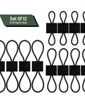 Elastic MOLLE Binding Ribbon Kit for Backpacks and Vests, Stretch Nylon Webbing Retainer, 12 Piece Black Set, Three Sizes