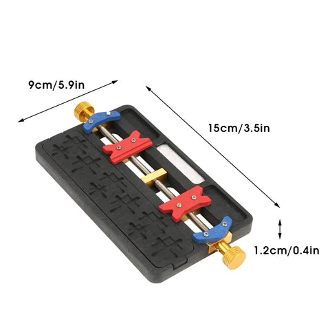 Dual Slot Steel PCB Holder for soldering IC chips and BGA work, showing 15cm length, 9cm width, and 1.2cm height