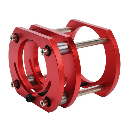 Killer Slick Aluminum Router Table Lift System With Hand Crank Precision Adjustment 51mm Travel Fits 64 To 66mm Motor Trimmers red aluminum component showcasing detailed design.