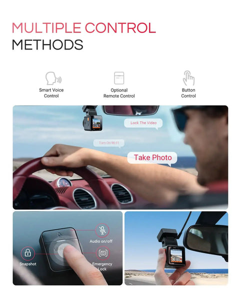 4K Mini Dash Cam With 158 Degree Wide Lens for multiple control methods, showing voice, remote, and button control options.