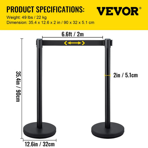 Stanchion Set With 6.6 Ft Black Retractable Belt For Crowd Control, shown with dimensions and product specifications in metric.