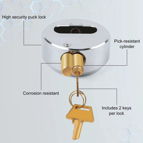 Heavy Duty Steel Hockey Puck Padlock With Hidden Shackle, Keyed Alike, Chrome Finish, Two And Seven Eighths Inch, Includes Two Keys