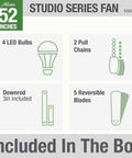 Studio Series 52-Inch Indoor Ceiling Fan With New Bronze Finish components including LED bulbs, pull chains, downrod, blades.