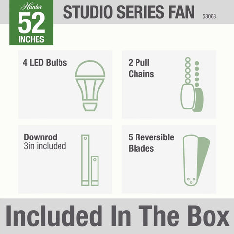 Studio Series 52-Inch Indoor Ceiling Fan With New Bronze Finish components including LED bulbs, pull chains, downrod, blades.
