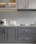 Gray kitchen with brushed nickel cabinet pulls set of 30 3-3/4 inch square drawer handles for kitchen cabinets and dressers.