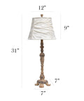 Antique Style Buffet Table Lamp With Cream Ruched Shade, Resin Base In Antique Cream Finish, On Off Rotary Switch, 12x12x31 Inches