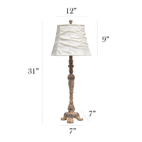 Antique Style Buffet Table Lamp With Cream Ruched Shade, Resin Base In Antique Cream Finish, On Off Rotary Switch, 12x12x31 Inches