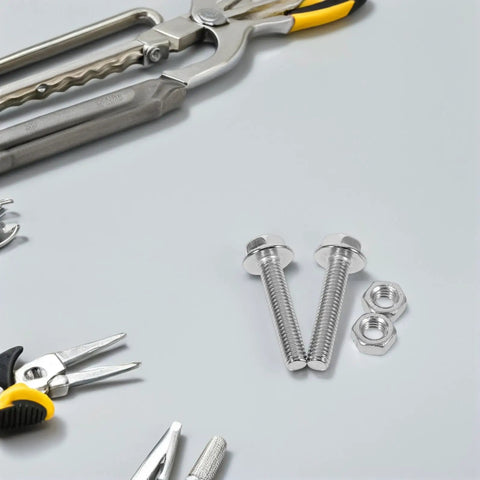 Beefy Heavy Duty Stainless Steel Hex Socket Cap Screws And Nut Set M6x30 shown with tools, focus on flat head bolts and washers