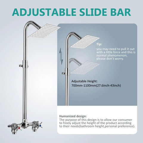 Outdoor Shower Kit with Brushed Nickel Finish All Metal Construction Built To Last 6 Inch Rain Shower Head with 360 Degree Rotation Adjustable Slide Bar Dual Handle Mix Valve Rust Resistant Stainless Steel and Brass for Outdoor Use