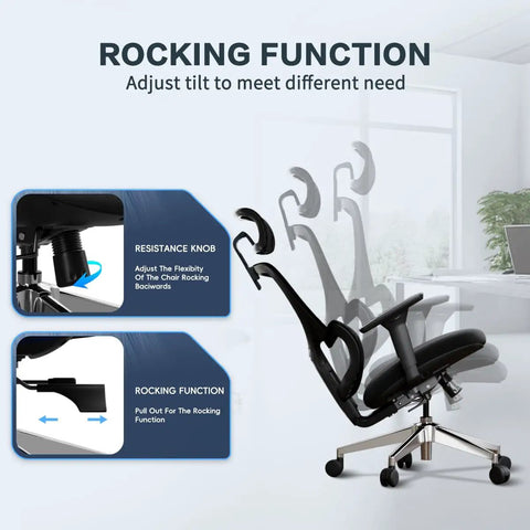 Heavy Duty Ergonomic Mesh Office Chair For Tall Folks With 4D Armrests 2D Headrest 135 Degree Recline Locking Swivel Seat Lock shown in rocking function.