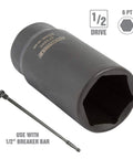 Impact Axle Nut Socket Set 1/2 Inch Drive, 6 Point, 8-Piece Metric Sockets 29mm To 39mm With Storage Case, shown with breaker bar