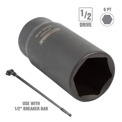 Impact Axle Nut Socket Set 1/2 Inch Drive, 6 Point, 8-Piece Metric Sockets 29mm To 39mm With Storage Case, shown with breaker bar