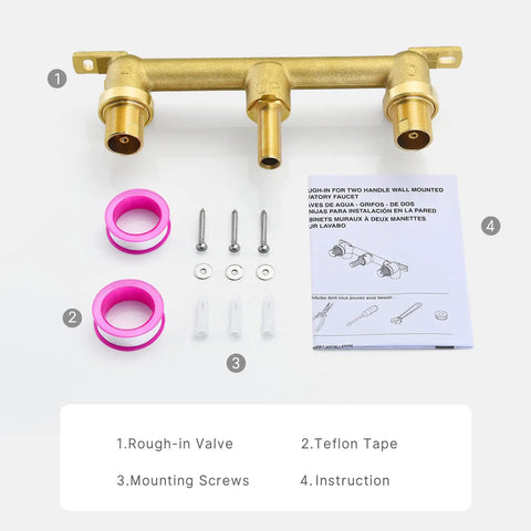 R3500-WL Rough-In Valve For 2-Handle Wall-Mount Bathroom Faucets Replacement Durable Brass Construction valve set, Teflon tape, screws, and instructions