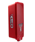 Built Tough Red Surface Mount Fire Extinguisher Cabinet With Lock Down Door And Quick Grip Pull Cover For Heavy Duty All Weather Outdoor Safety Setup Box side view, rugged polymer shell