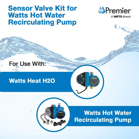 Sensor valve kit for Watts Premier hot water recirculating pump; blue pump/valve with fittings, supply lines, and mounting screws