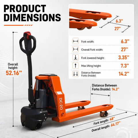 Hella Heavy Duty Electric Pallet Jack Bringing Badass Performance To Daily Warehouse Shifts With Rock Solid 4400 LB Load Capacity Featuring Rugged Steel Forks And Quick Charge Lithium Battery dimensions infographic