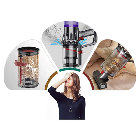 Dust Bin Vacuum Replacement Kit With Filter For V11 V15 SV14 SV15 SV22 Cordless Vacuum Cleaners Including Dust Bin Filter And Essential Attachments For Easy Upkeep And Peak Suction displayed in a diagram showing different vacuum stages and a person holding their nose.