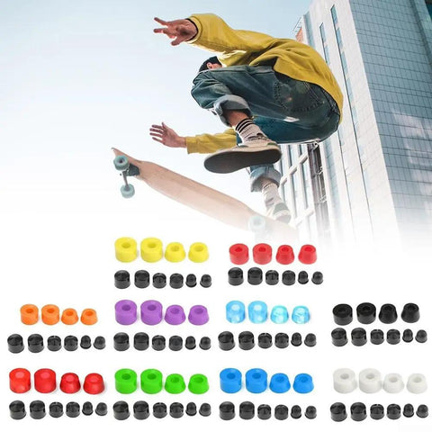 Colorful PU bushings and components from the Skateboard Truck Rebuild Kit with a skateboarder performing a trick in the background.