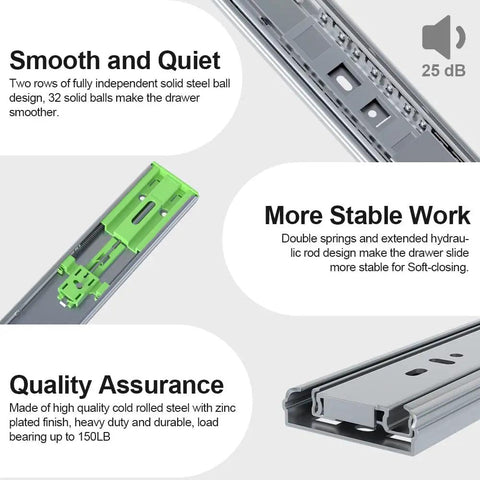 Heavy Duty 14 Inch Soft Close Drawer Slides With Full Extension Ball Bearing Side Mount, 150 Lb Load Capacity, Built To Last For RV Tool Boxes And Kitchen Cabinets, Self Closing Glide Rails close-up shot showing design details and materials